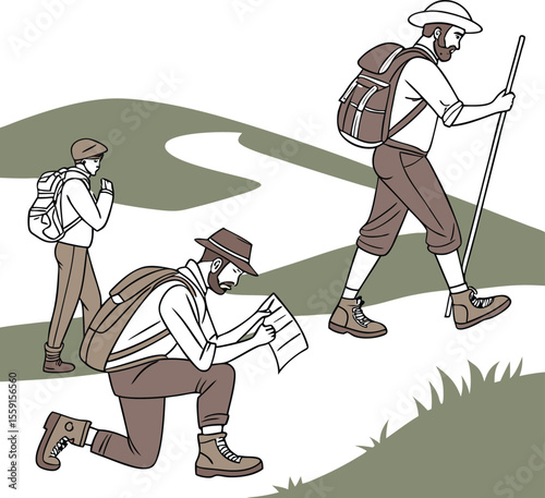 A vibrant vector illustration depicts a trio of male hikers traversing a scenic landscape showcasing outdoor adventure and exploration with a dynamic color palette
