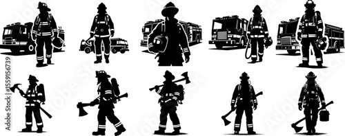 Silhouette of firefighter walking with axe in full gear and helmet