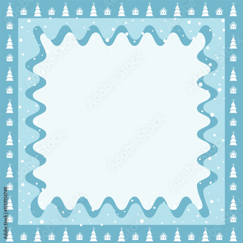 Christmas Square Frame. Winter Border. Snow, Houses, Fir Trees, Waves. Free Space for Your Text. Holiday Greeting Card, Banner, Invitation Template. Vector Illustration in Light Blue, White