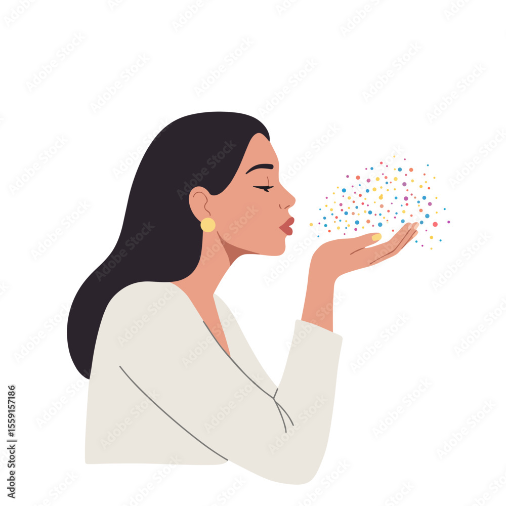 Woman blowing glitter with carefree expression in minimalist style  