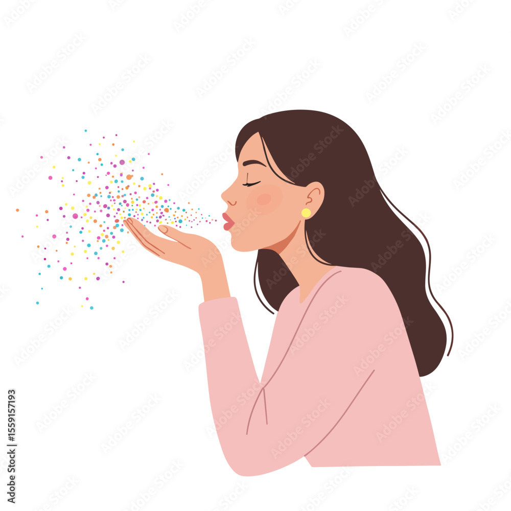 Woman blowing glitter and celebrating joyfully with colorful sparkles  