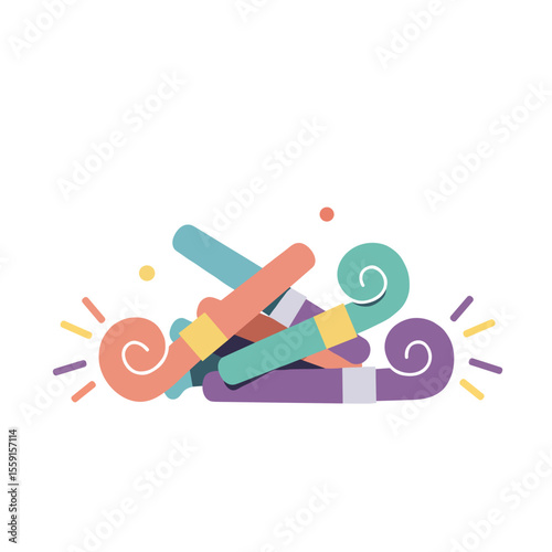 Pile of colorful party blowers with festive decoration elements  
