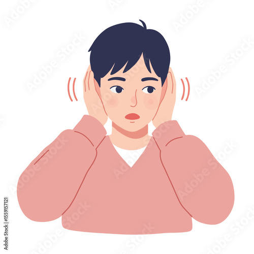 Boy covering ears from noise looking concerned in a soft sweater  