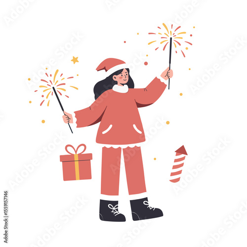 Girl waving sparklers while celebrating Christmas and New Year  