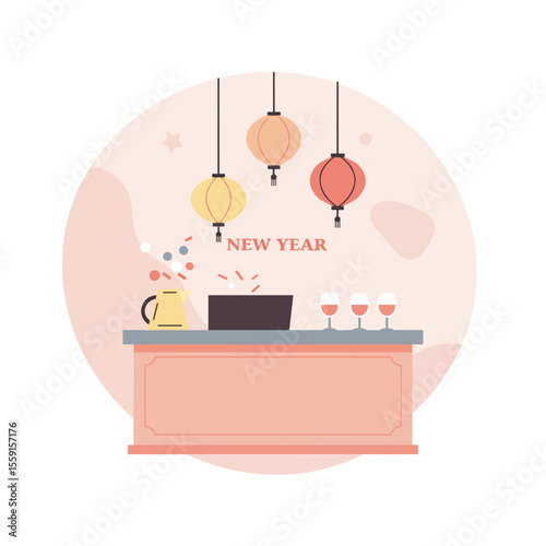 Festive counter with drinks and decorations for New Year celebration  