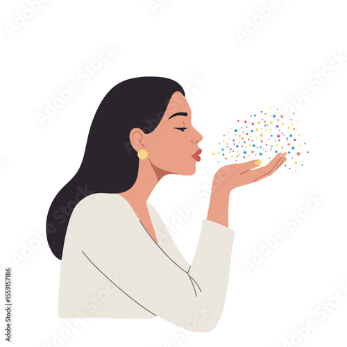 Woman blowing glitter with carefree expression in minimalist style  