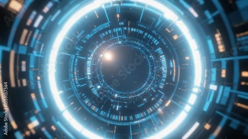 Futuristic Digital Tunnel with Glowing Lights and Abstract Technology