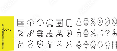 Web Hosting Icon Set - Cloud, Server, Domain & Data Exchange Symbols in Line Style