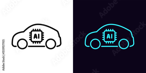 Outline AI car icon, with editable stroke. Electric SUV car with AI algorithms, artificial intelligence driving control system. Smart auto with autopilot system, automatic vehicle, robotaxi. Vector