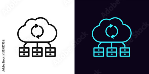 Outline cloud server icon, with editable stroke. Cloud infrastructure icon for secure data storage, digital space. Cloud computing technology, file datacenter, database update, data backup. Vector