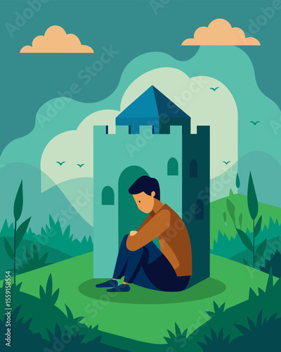 In a peaceful meadow a person sits inside a fortress constructed of their own depression unable to see the beauty and calmness around them.. Vector illustration