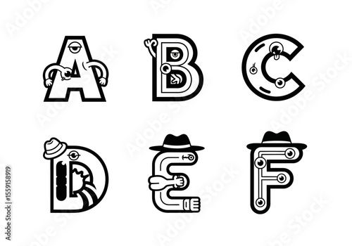 Alphabet letters with cartoonish eye designs and hats in black and white illustration style art