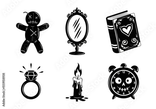 Eerie vector illustration A Voodoo doll, antique mirror, spell book, and skull clock suggest magic in monochrome, conveying a mysterious and gothic feel.