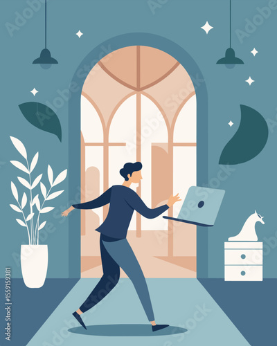 Through the French doors of the ballroom a lone figure could be seen dancing to music streaming from their laptop the faded frescoes on the ceiling serving as a backdrop to their. Vector illustration