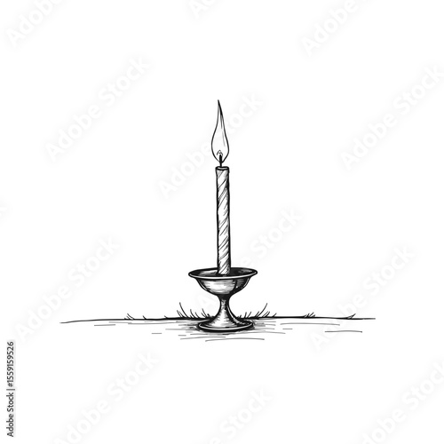 Hand-drawn candle with flame in vintage holder on white background  