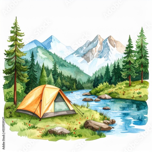 Watercolor Painting of Orange Tent by River with Mountain and Forest Backdrop