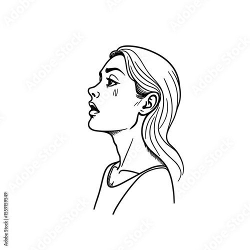 Sad woman profile illustration with teardrop on white background