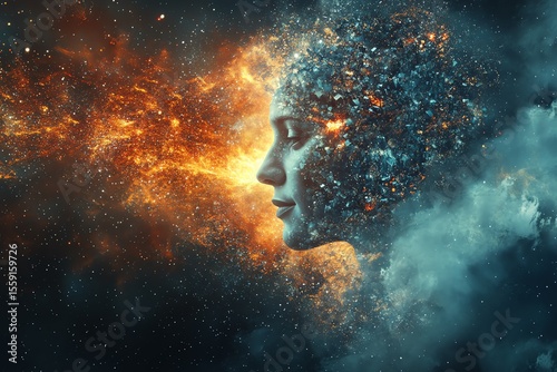 Abstract Digital Art of Woman's Profile with Cosmic Particles and Light Explosion