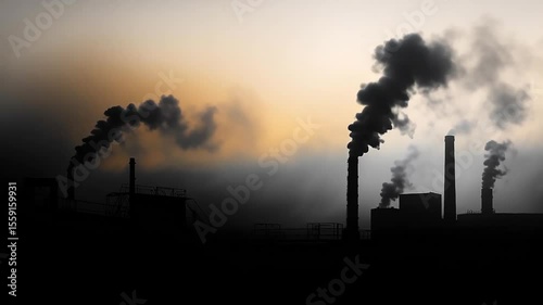 Industrial chimneys release dark smoke against the evening sky. Pollution, Climate change, Global warming.