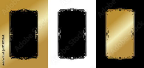 Isolated vector image of a decorative frame for postcards, elegant style, three design variants on gold, transparent and black backgrounds  