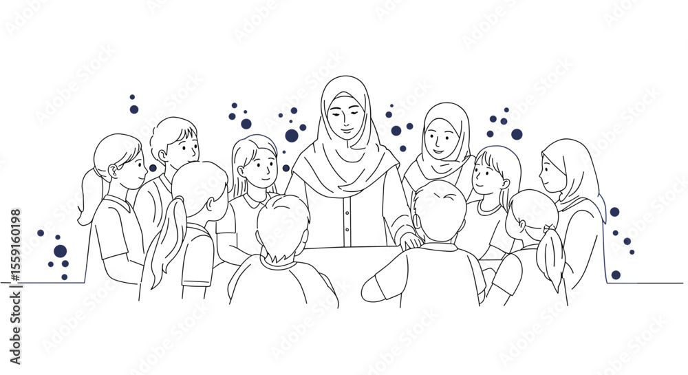 Diverse classroom illustration with Muslim female teacher and multicultural students, education and inclusion concept
Diverse classroom illustration with Muslim female teacher and multicultural students, education and inclusion concept