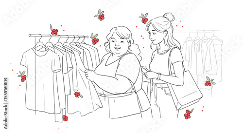 Curvy woman shopping with friend, inclusive fashion illustration for retail and lifestyle blogs