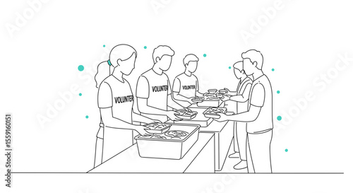 Volunteer group serving meals to people in need, community support and charity concept illustration