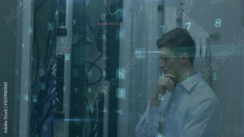IT technician touching rack scanning code detecting malware firewall breach revealing cyberattack