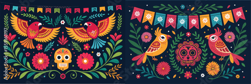 Mexican Ornament Vector Banner for Cinco de Mayo Celebration – Traditional Festival Decoration with Colorful Folk Patterns and Cultural Symbols

