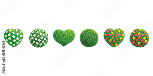Heart and round green Character set with floral pattern for love nature and garden decor