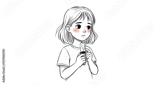 Sad little girl holding an asthma inhaler, illustration for children's health and emotional support