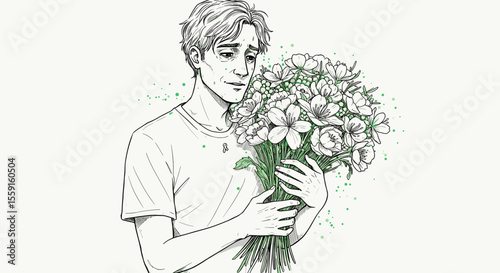 Man holding flowers in emotional support concept, illustration for mental health and compassion campaigns