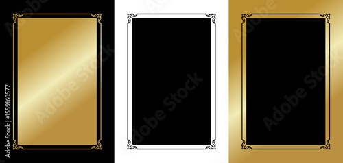 Isolated vector image of a frame for postcards and typography, elegant linear style, three design variants on gold, transparent and black backgrounds