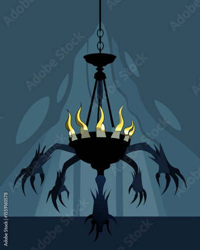 The gaslit chandelier seemed to sway menacingly above the room its sharp shadows mimicking a monsters claws.. Vector illustration
