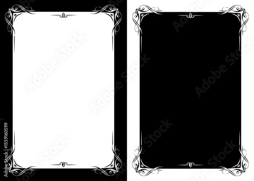 Isolated vector image of a decorative frame, elegant linear style, two design variants on black and white backgrounds