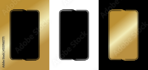 Isolated vector image of a frame for postcards, minimalistic style, three design variants on gold, transparent and black backgrounds