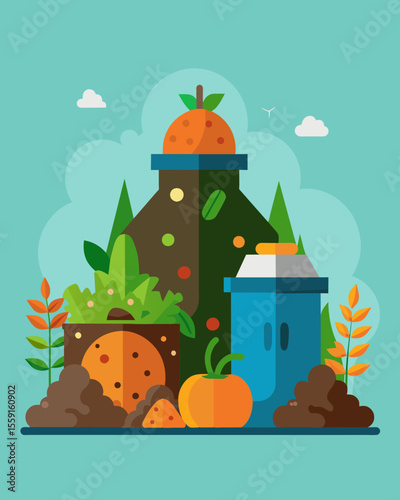 A heap of garden refuse and kitchen waste working together to build the foundation of healthy and vibrant soil.. Vector illustration