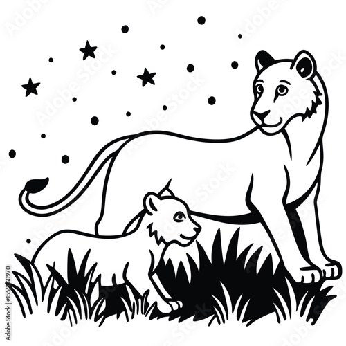Tender Moments Mother Lioness and Cub Playing in Tall Grass