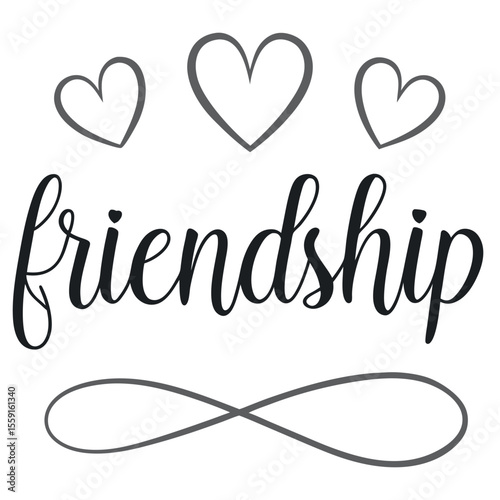 Friendship word art with hearts and infinity symbol isolated on white background