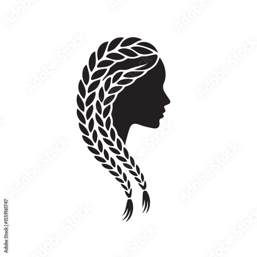 Beautiful female face with long hair braids design isolated on white background