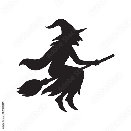 Silhouette Witch riding broomstick Halloween holiday vector illustration