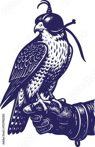 Falcon with hood perched on gloved hand in vintage style
