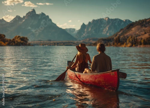 Couple canoeing on jenny lake at sunset with grand teton mountains in background