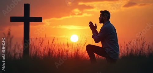 Man kneels prayer sunset. Silhouetted male figure worships wooden cross. Christian faith, spirituality concept. Evening sunlight, sky, outdoor scene depicts faith, hope, devotion, reverence, peace.