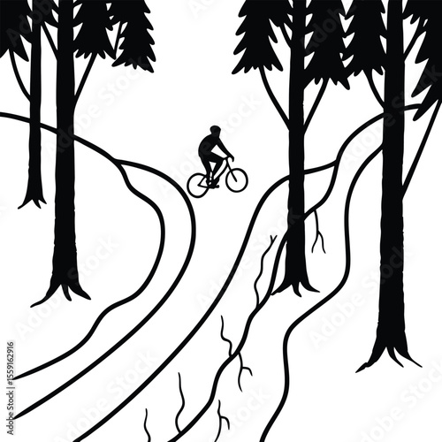 Silhouette of Cyclist on Steep Forest Trail Mountain Biking Illustration