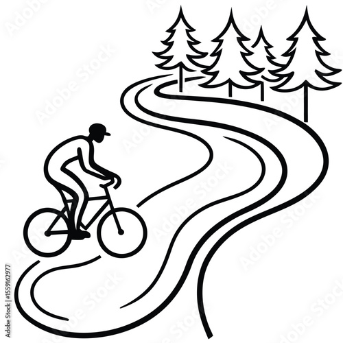 Serene Silhouette of Cyclist on Winding Road, Mountain Bike Illustration