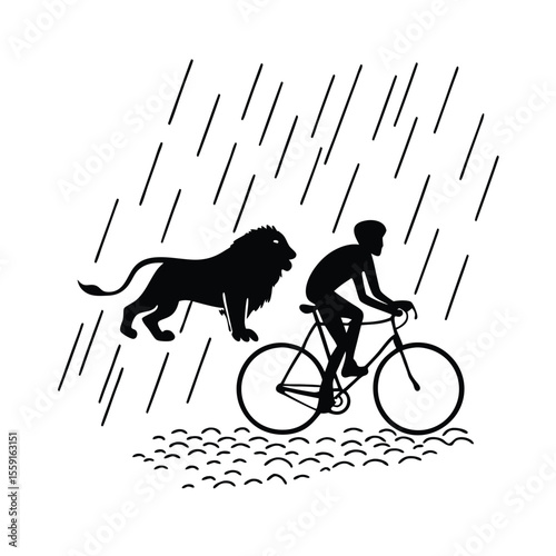 Rainy Day Ride Silhouette of a Cyclist and Lion