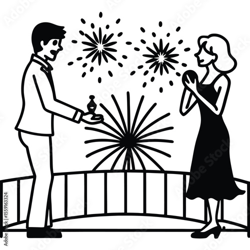 Romantic Fireworks Proposal Silhouette of a Man Proposing on a Bridge