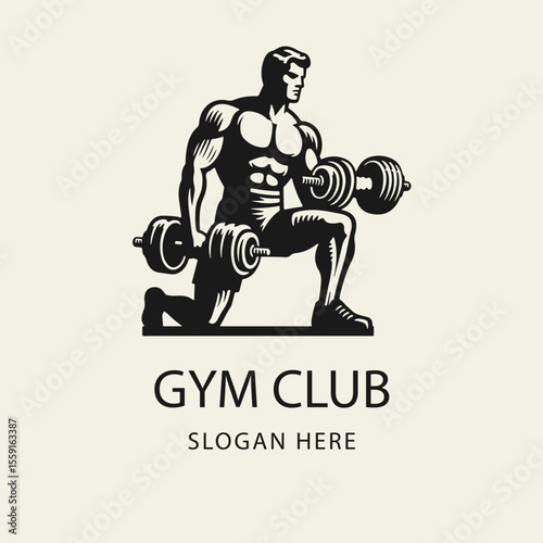 Black and white vector gym logo featuring a muscular man working out with dumbbells. Ideal for gym signage, fitness apps, or workout-themed merchandise.