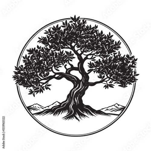 Olive tree in mountain line art design isolated on white background